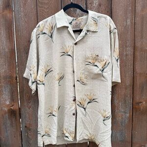 LUAU Men's Silk Tan Cream Floral Hawaiian Shirt Short Sleeve Button Down Large